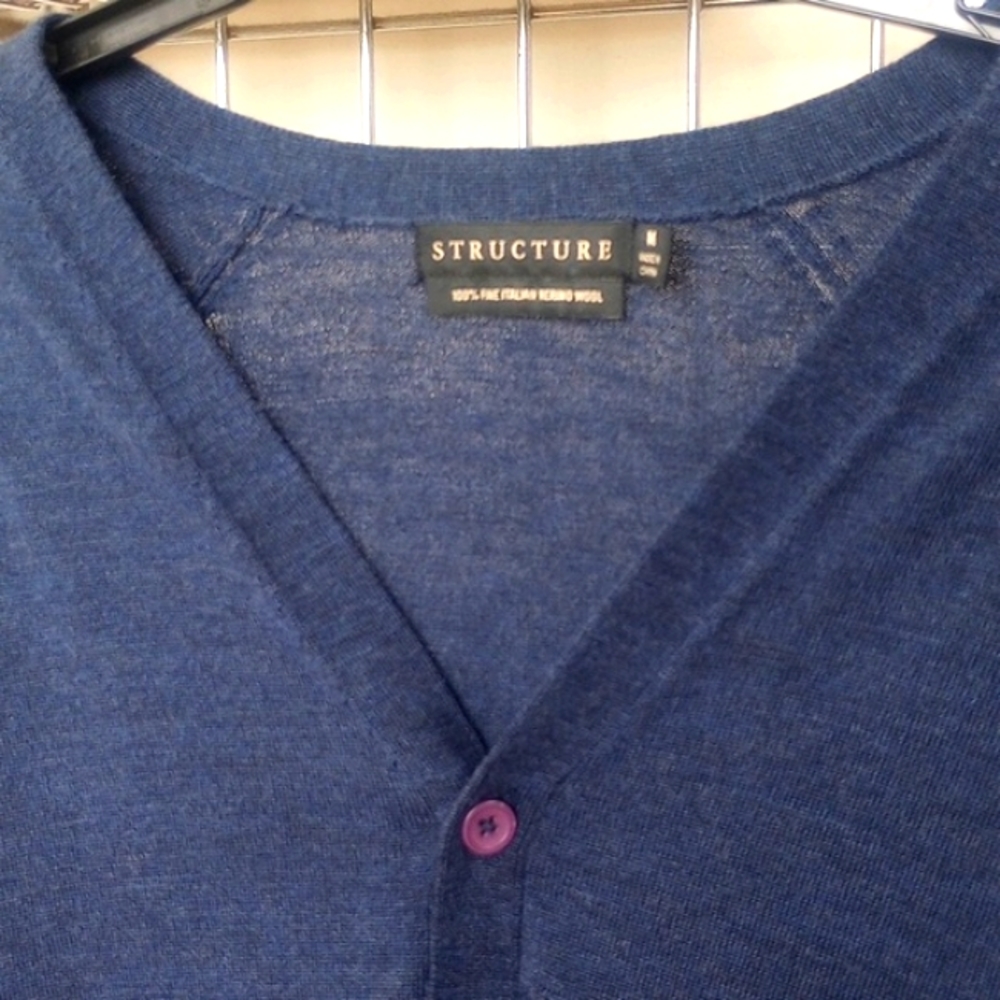 STRUCTURE Extra Fine Italian Merino Wool Blue Cardigan Size M Slim Fit EUC